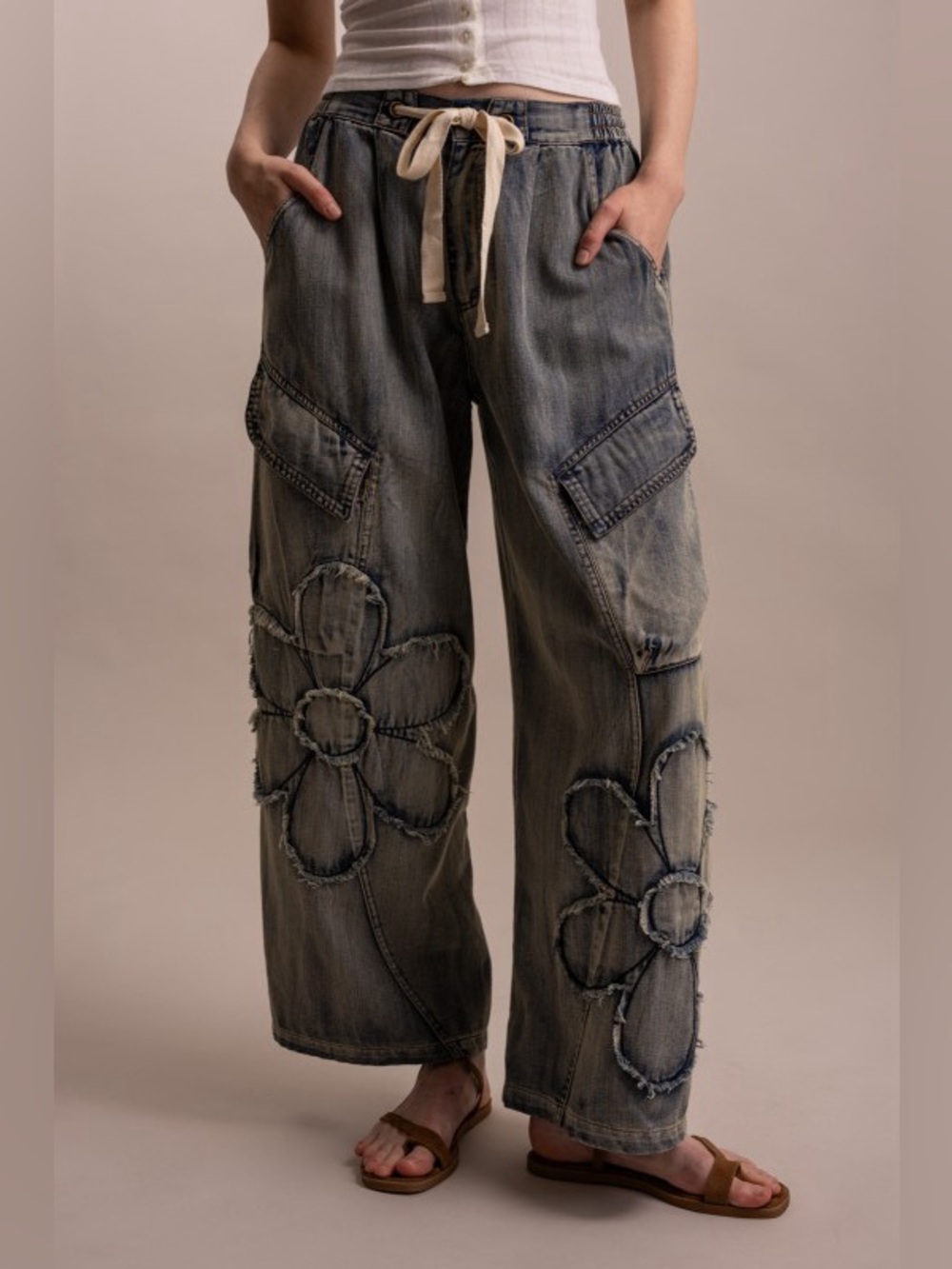 Restocked!! New Bluevelvet 🔥 Baggy Denim Cargo Pants with Floral Appliqué